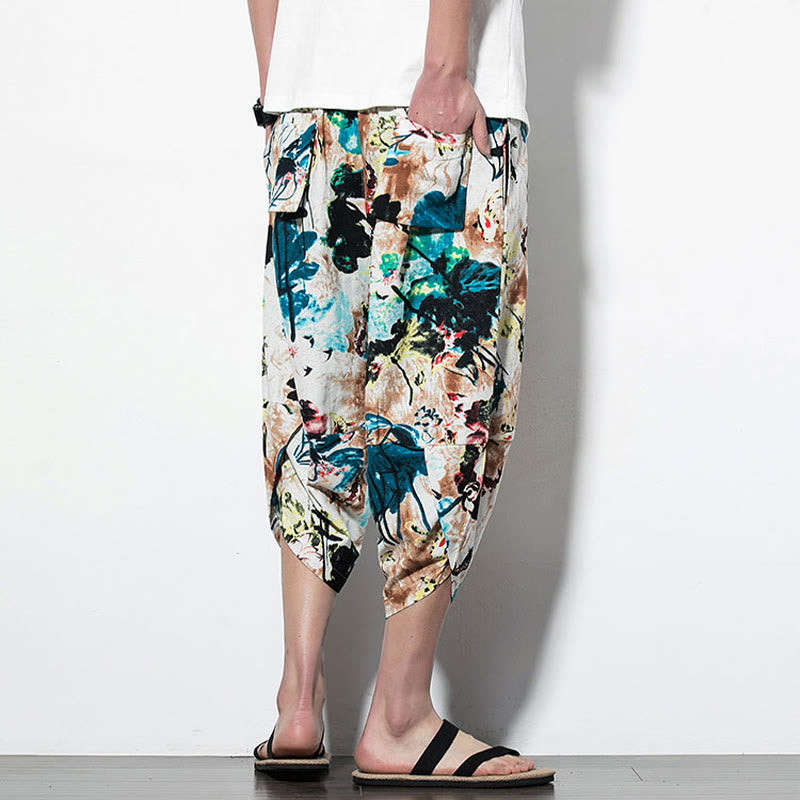 Buddha Stones, Blumen, Blätter, Braun, Blau, Malerei, Druck, Baumwolle, lange, verkürzte Haremshose für Herren mit Taschen - image 11