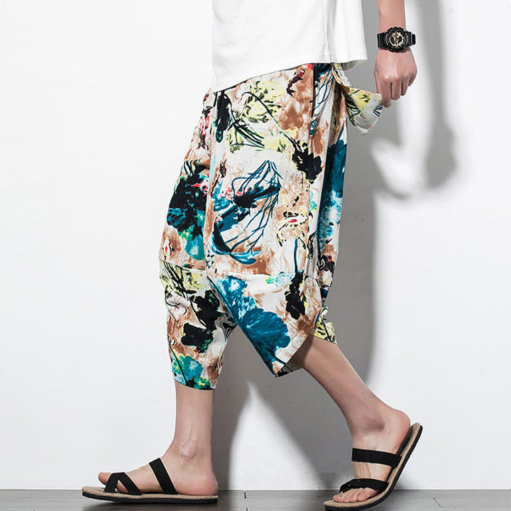 Buddha Stones, Blumen, Blätter, Braun, Blau, Malerei, Druck, Baumwolle, lange, verkürzte Haremshose für Herren mit Taschen - Kurzer Schnitt Sandbraun Blau - US/ UK/AU46,EU56 (5XL) - image 9