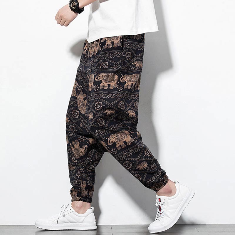 Buddha Stones Elefant Braun Schwarz Print Baumwolle Herren Lange verkürzte Haremshose mit Taschen - image 8