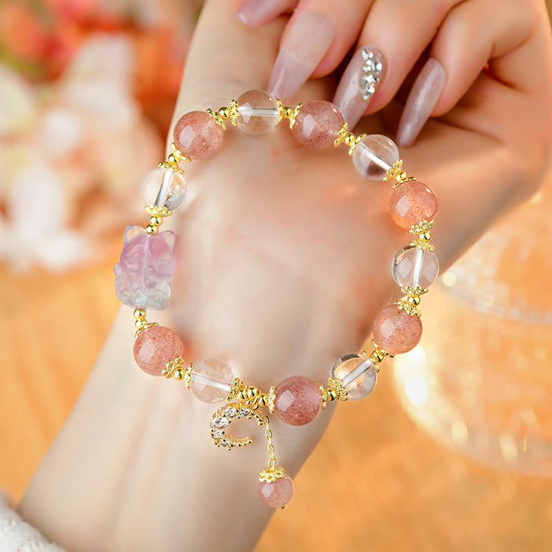 Buddha Stones Armband mit Anhänger aus natürlichem weißem Erdbeerquarzkristall, Heilung der Liebe, neunschwänziger Fuchs und Mond