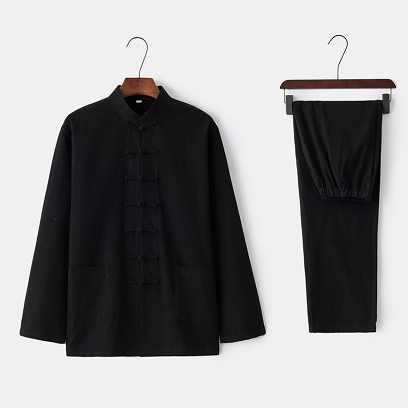 Buddha Stones Frosch-Knopf Tang Langarmhemd Hose Herrenanzug - Schwarz - US/ UK/AU44,EU54 (4XL) - image 1