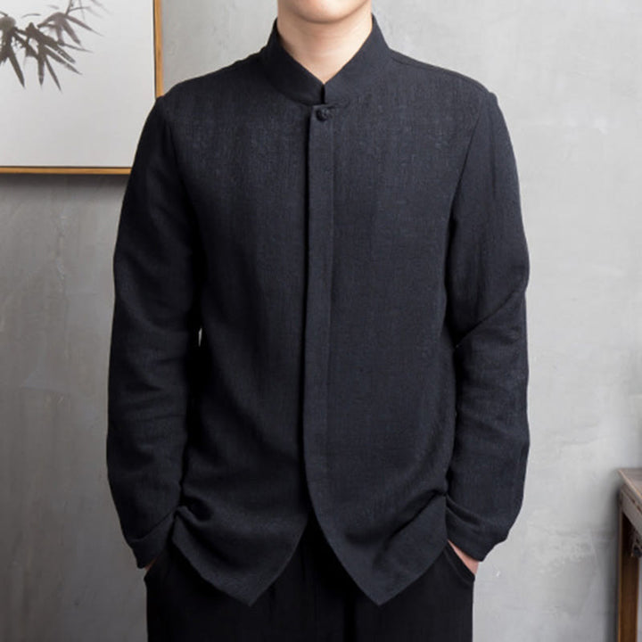 Buddha Stones , einfarbig, chinesischer Tang-Anzug, Baumwoll-Leinen-Jacke, Herrenbekleidung - Schwarz - US/ UK/AU44,EU54 (4XL) - image 7