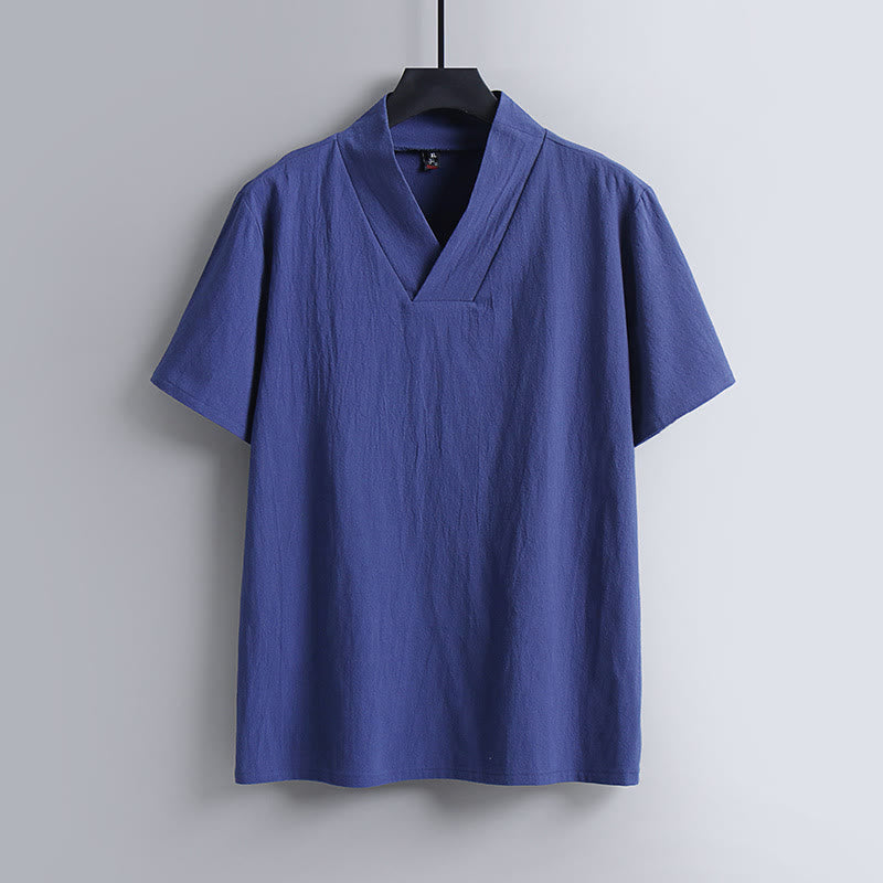 Buddha Stones Lockeres Herren-T-Shirt Einfarbiges Oberteil Kurzarm V-Kragen Atmungsaktives Leinenhemd - Königsblau - US/ UK/AU54,EU64 (9XL) - image 4