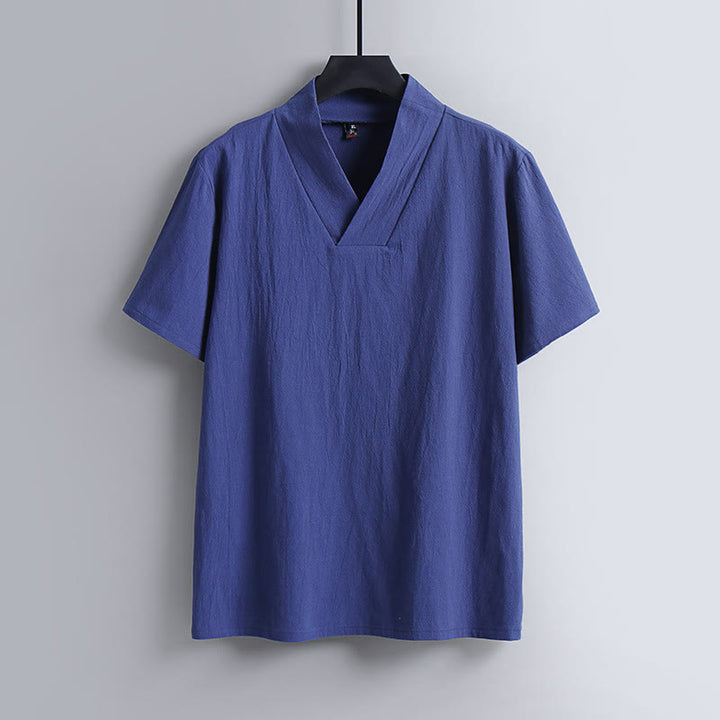 Buddha Stones Lockeres Herren-T-Shirt Einfarbiges Oberteil Kurzarm V-Kragen Atmungsaktives Leinenhemd - Königsblau - US/ UK/AU54,EU64 (9XL) - image 4