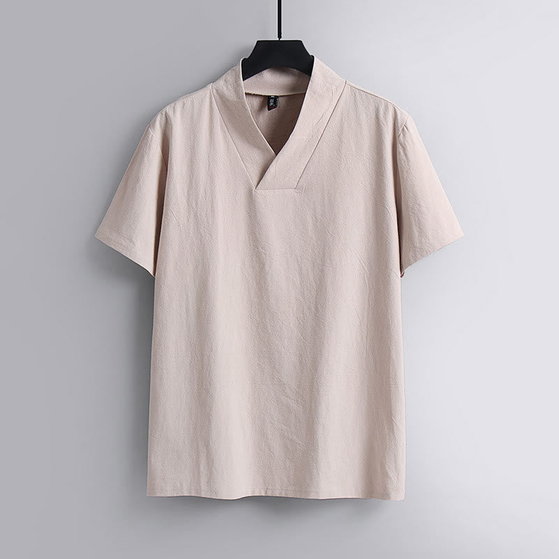 Buddha Stones Lockeres Herren-T-Shirt Einfarbiges Oberteil Kurzarm V-Kragen Atmungsaktives Leinenhemd - MistyRose - US/ UK/AU54,EU64 (9XL) - image 5