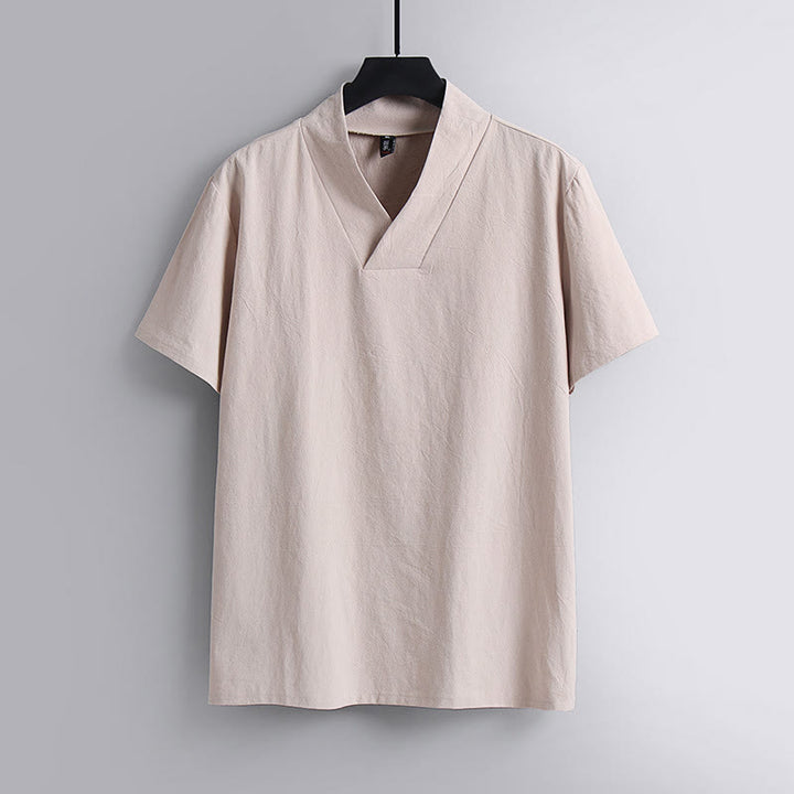 Buddha Stones Lockeres Herren-T-Shirt Einfarbiges Oberteil Kurzarm V-Kragen Atmungsaktives Leinenhemd - MistyRose - US/ UK/AU54,EU64 (9XL) - image 5