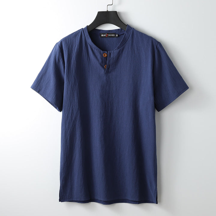 Buddha Stones Lockeres Herren-T-Shirt in Volltonfarbe, kurzärmliges Oberteil mit Knopfleiste, gekerbtem Halsausschnitt, weiches Baumwoll-Leinen-Hemd - Mitternachtsblau - US/ UK/AU54,EU64 (9XL) - image 3