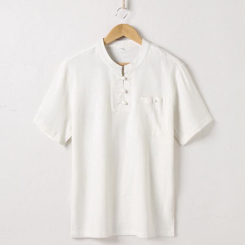 Buddha Stones Lockeres Herrenhemd, einfarbig, gekerbter Kragen, kurzärmlig, bequem, mit Knopfleiste, atmungsaktives Baumwoll-Leinen-Hemd - Beige - US/ UK/AU46,EU56 (5XL)  - image 2