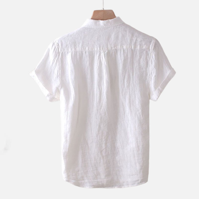 Buddha Stones Herrenhemd, einfarbig, Revers, kurzärmlig, bequem, geknöpft, Bügelfalte, Baumwoll-Leinen-Hemd - image 8