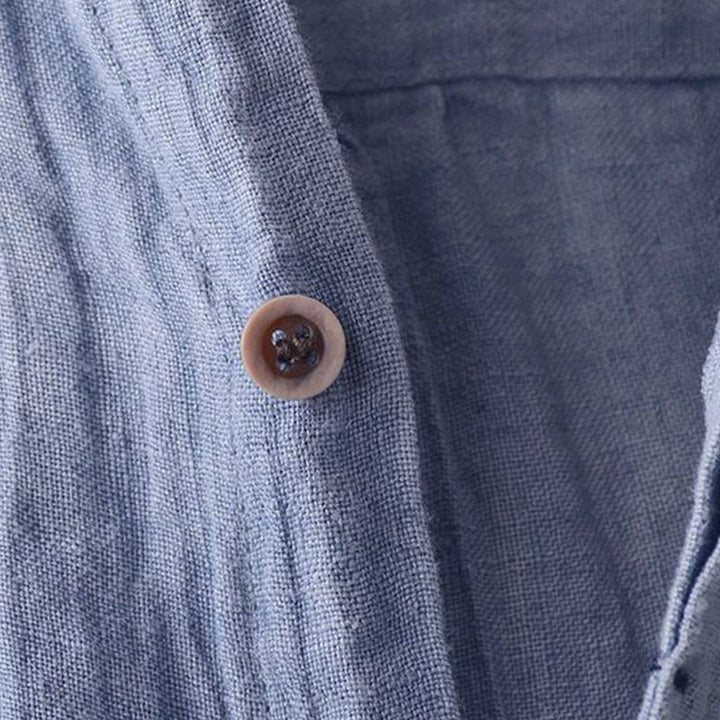 Buddha Stones Herrenhemd, einfarbig, Revers, kurzärmlig, bequem, geknöpft, Bügelfalte, Baumwoll-Leinen-Hemd - image 3