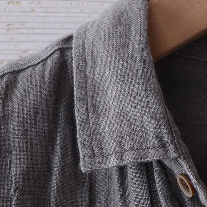 Buddha Stones Herrenhemd, einfarbig, Revers, kurzärmlig, bequem, geknöpft, Bügelfalte, Baumwoll-Leinen-Hemd - image 5