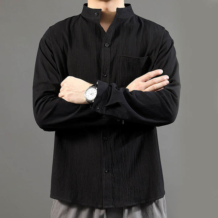 Buddha Stones Herren Langarmhemd mit Tasche Stehkragen Komfort Leinenhemd - image 18