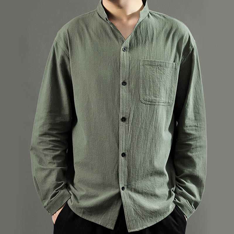 Buddha Stones Herren Langarmhemd mit Tasche Stehkragen Komfort Leinenhemd - image 2