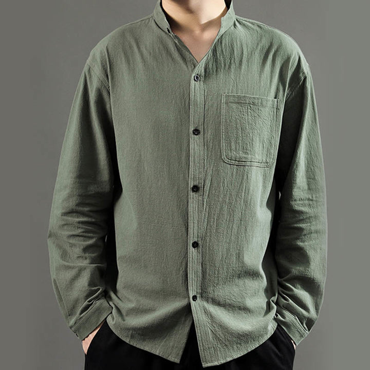 Buddha Stones Herren Langarmhemd mit Tasche Stehkragen Komfort Leinenhemd - image 2