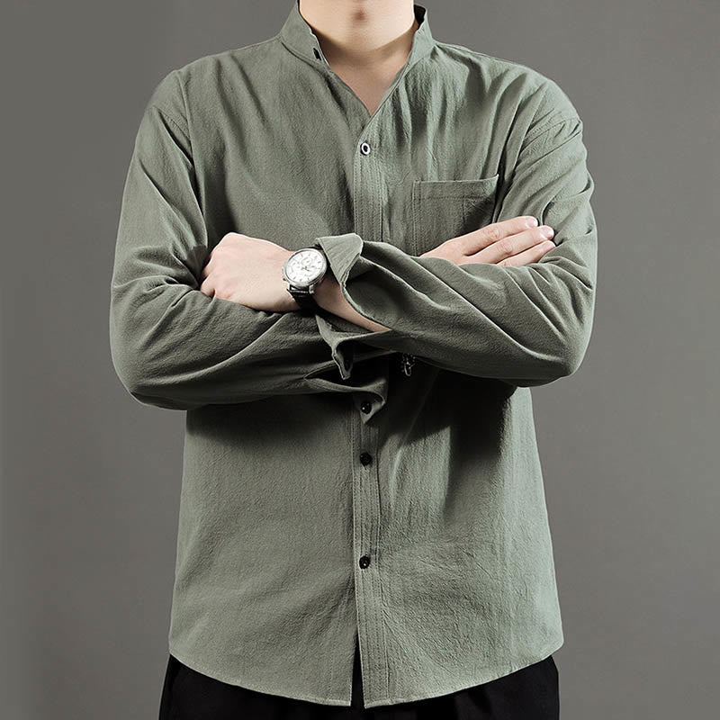 Buddha Stones Herren Langarmhemd mit Tasche Stehkragen Komfort Leinenhemd - image 7