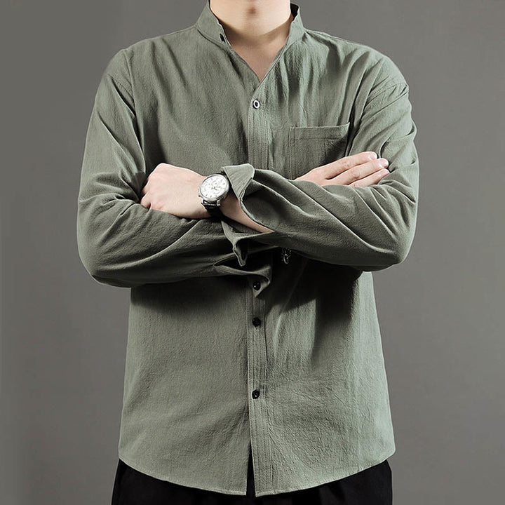 Buddha Stones Herren Langarmhemd mit Tasche Stehkragen Komfort Leinenhemd - image 7