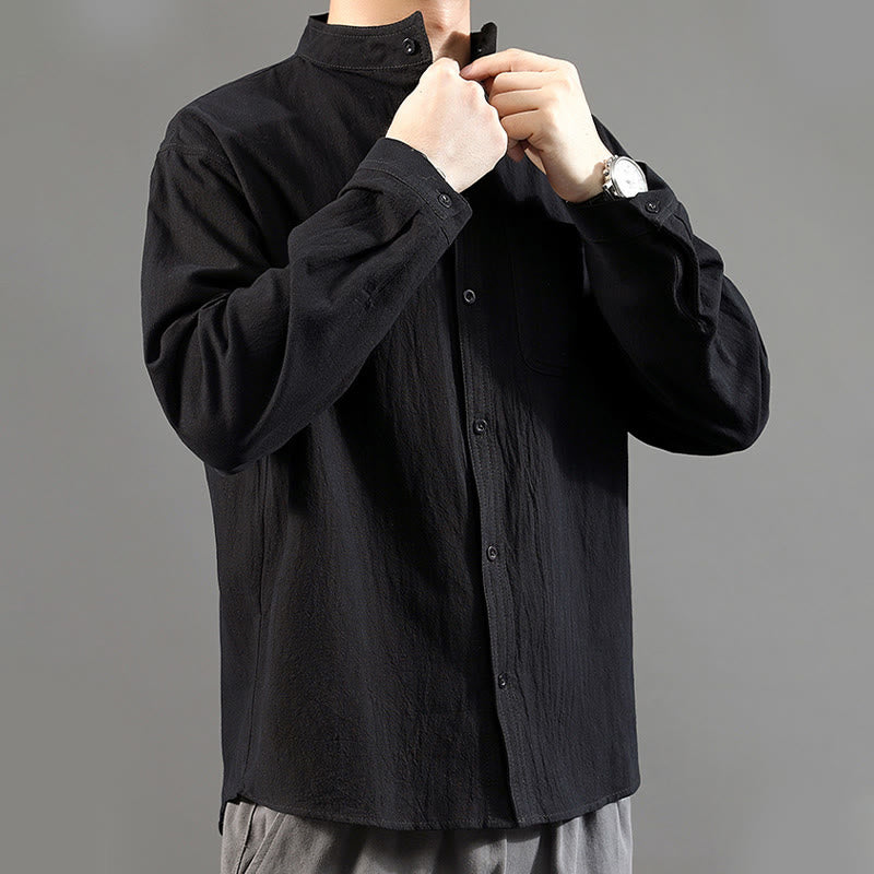 Buddha Stones Herren Langarmhemd mit Tasche Stehkragen Komfort Leinenhemd - image 22