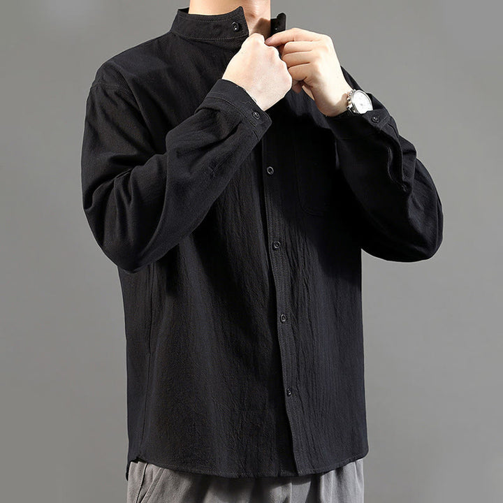 Buddha Stones Herren Langarmhemd mit Tasche Stehkragen Komfort Leinenhemd - image 22