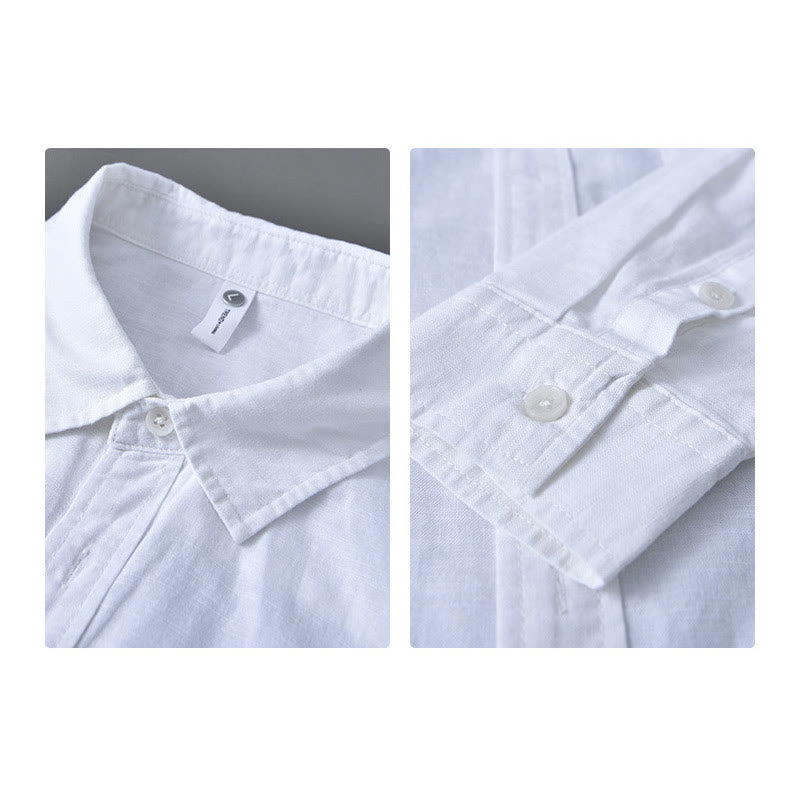 Buddha Stones Herren Langarm Umlegekragen mit Tasche Reine Farbe Bequemes Baumwollhemd - image 16