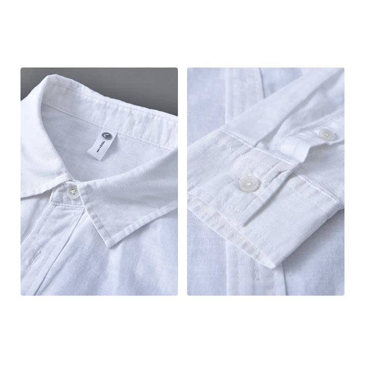 Buddha Stones Herren Langarm Umlegekragen mit Tasche Reine Farbe Bequemes Baumwollhemd - image 16