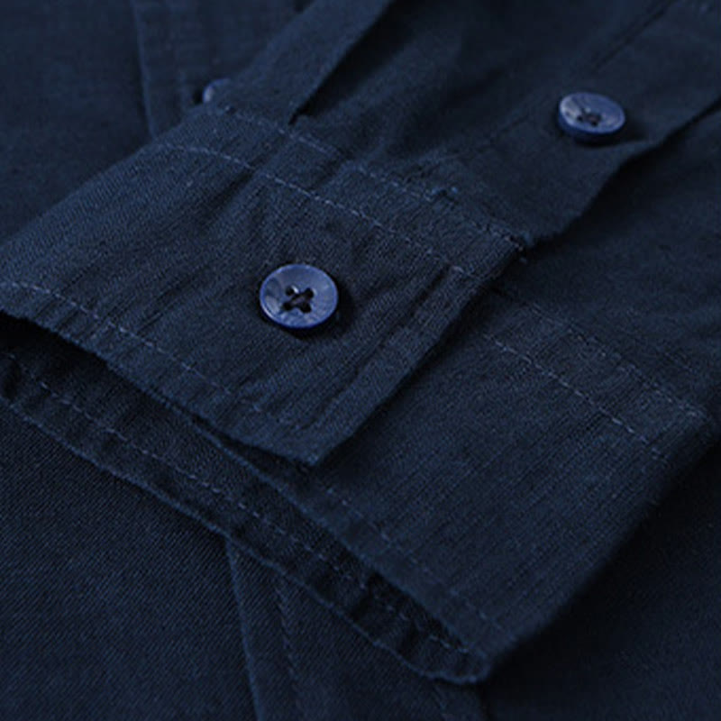 Buddha Stones Herren Langarm Umlegekragen mit Tasche Reine Farbe Bequemes Baumwollhemd - image 39