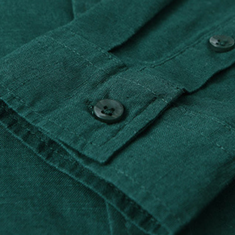 Buddha Stones Herren Langarm Umlegekragen mit Tasche Reine Farbe Bequemes Baumwollhemd - image 27