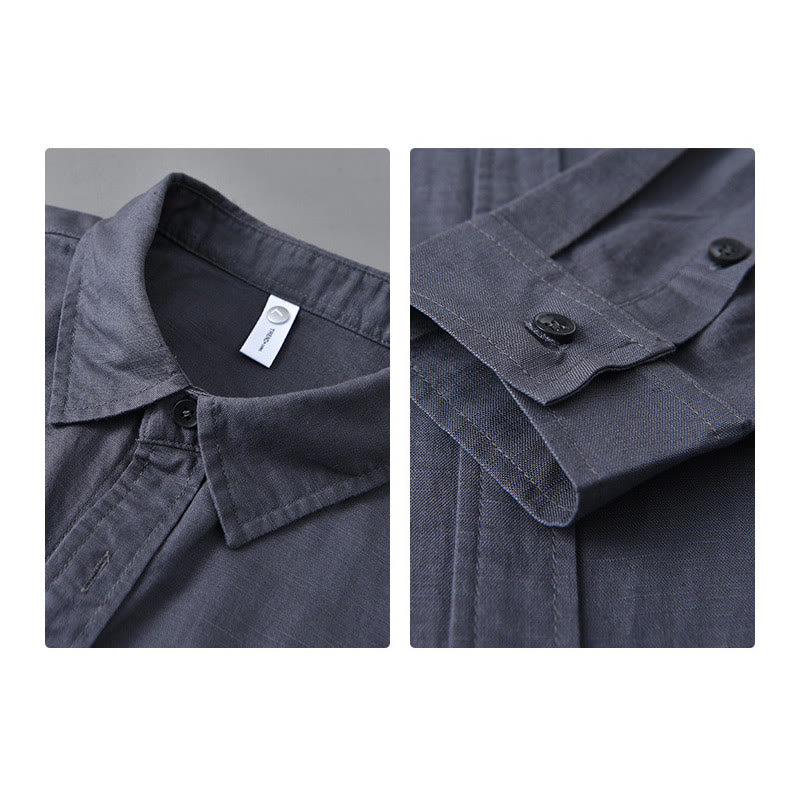 Buddha Stones Herren Langarm Umlegekragen mit Tasche Reine Farbe Bequemes Baumwollhemd - image 32