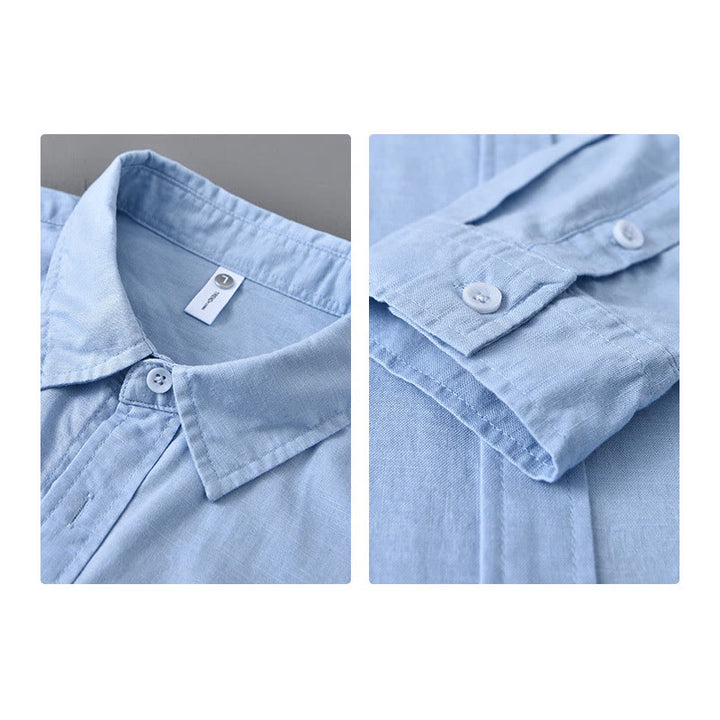 Buddha Stones Herren Langarm Umlegekragen mit Tasche Reine Farbe Bequemes Baumwollhemd - image 20