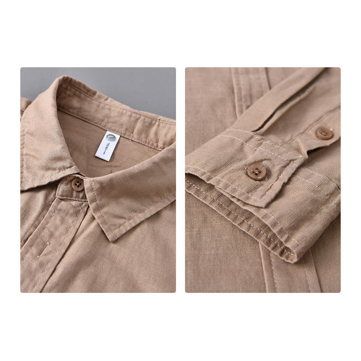 Buddha Stones Herren Langarm Umlegekragen mit Tasche Reine Farbe Bequemes Baumwollhemd - image 24