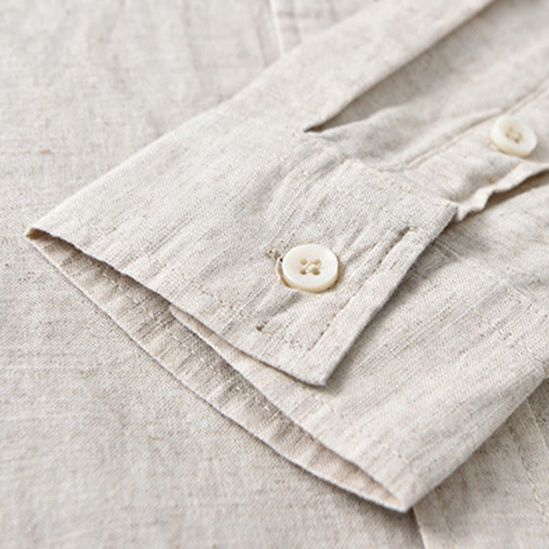 Buddha Stones Herren Langarm Umlegekragen mit Tasche Reine Farbe Bequemes Baumwollhemd - image 9