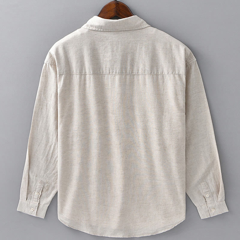 Buddha Stones Herren Langarm Umlegekragen mit Tasche Reine Farbe Bequemes Baumwollhemd - image 3