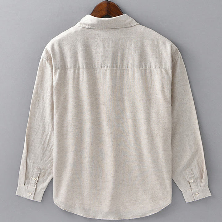 Buddha Stones Herren Langarm Umlegekragen mit Tasche Reine Farbe Bequemes Baumwollhemd - image 3