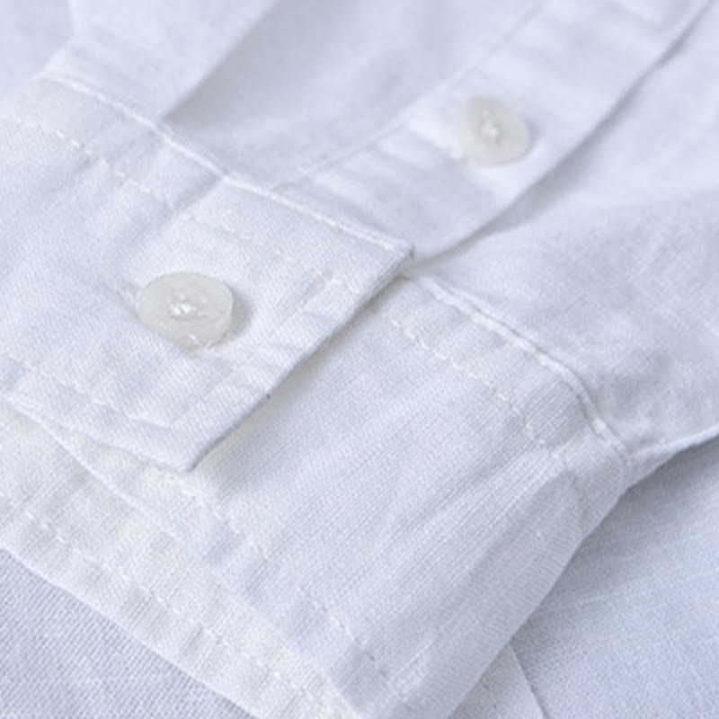 Buddha Stones Herren Langarm Stehkragen mit Tasche Reine Farbe Lässiges Baumwollleinenhemd - image 8