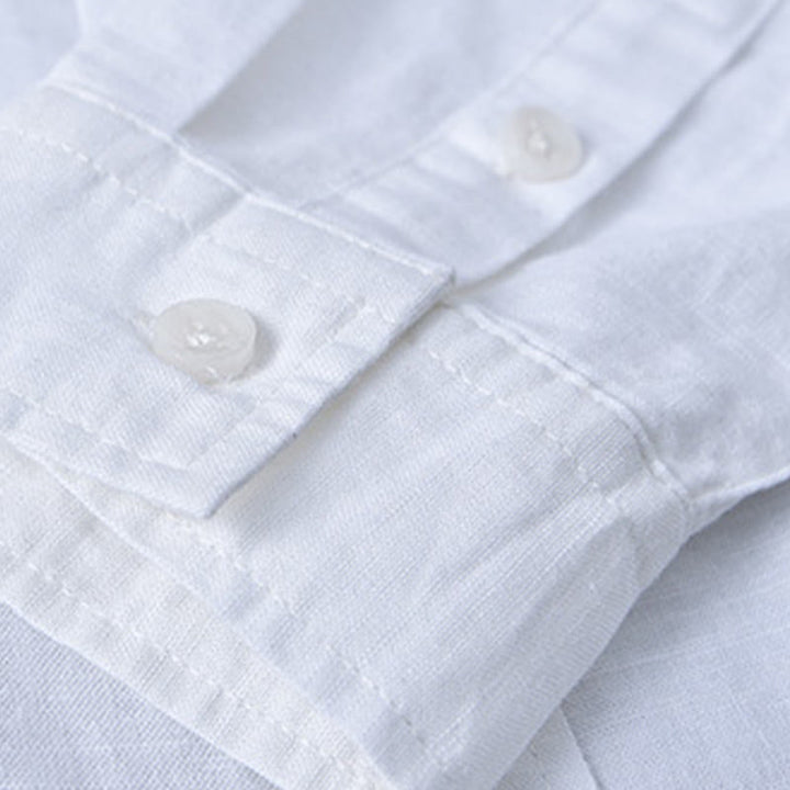 Buddha Stones Herren Langarm Stehkragen mit Tasche Reine Farbe Lässiges Baumwollleinenhemd - image 8