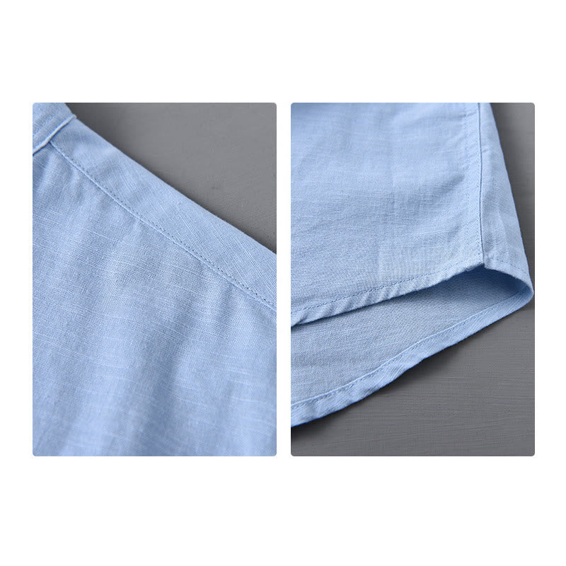 Buddha Stones Herren Langarm Stehkragen mit Tasche Reine Farbe Lässiges Baumwollleinenhemd - image 16