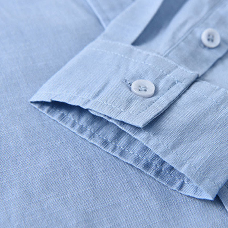 Buddha Stones Herren Langarm Stehkragen mit Tasche Reine Farbe Lässiges Baumwollleinenhemd - image 14