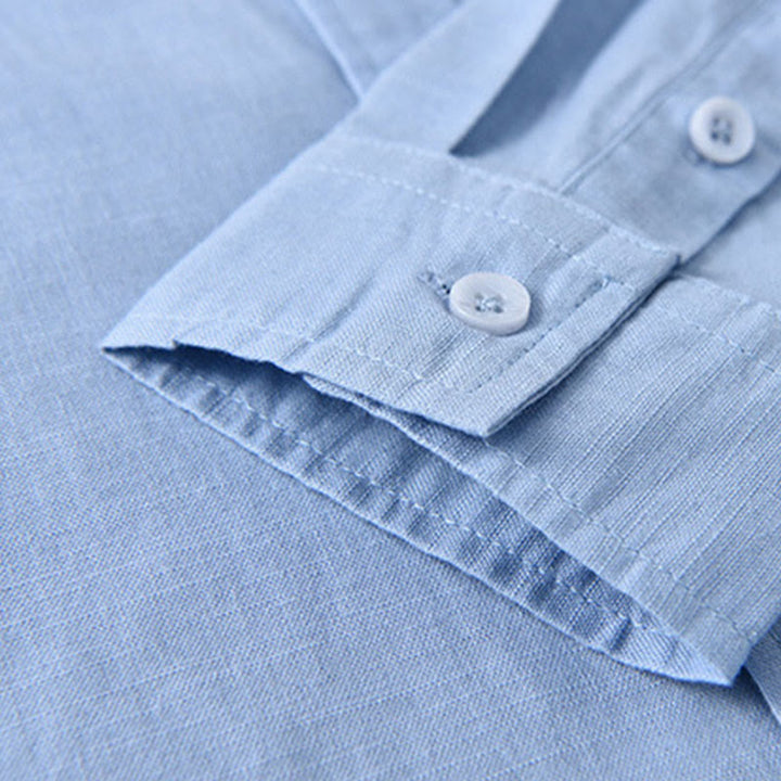 Buddha Stones Herren Langarm Stehkragen mit Tasche Reine Farbe Lässiges Baumwollleinenhemd - image 14