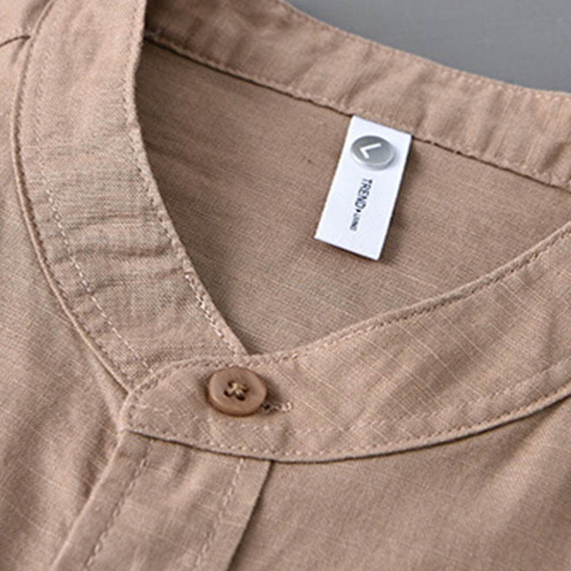 Buddha Stones Herren Langarm Stehkragen mit Tasche Reine Farbe Lässiges Baumwollleinenhemd - image 31