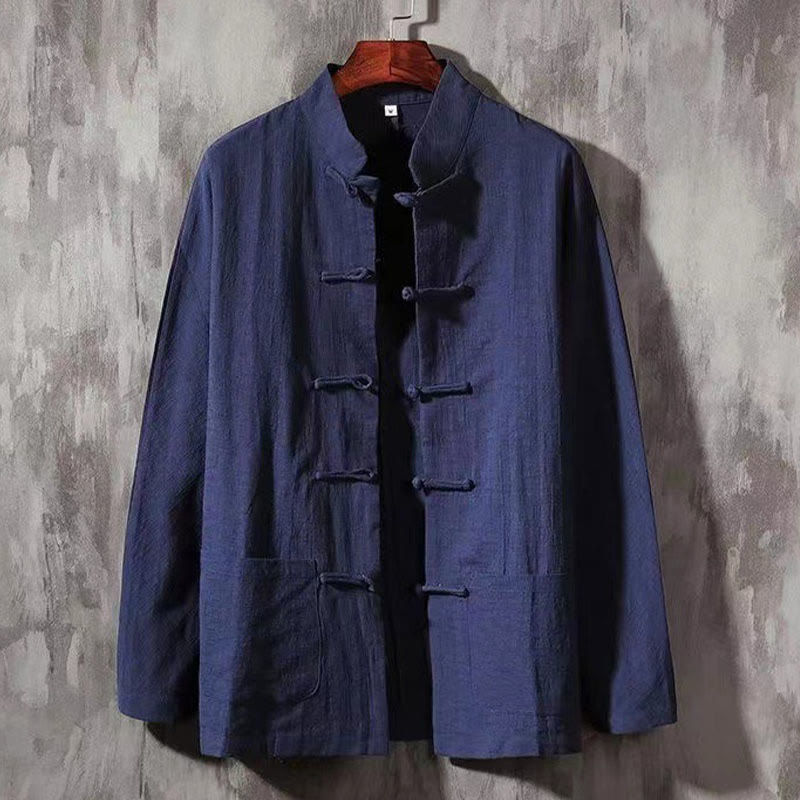 Buddha Stones Herren Tang Langarmhemd Froschknopf mit Tasche Stehkragen Komfort Leinenhemd - Mitternachtsblau - US/ UK/AU46,EU56 (5XL) - image 9