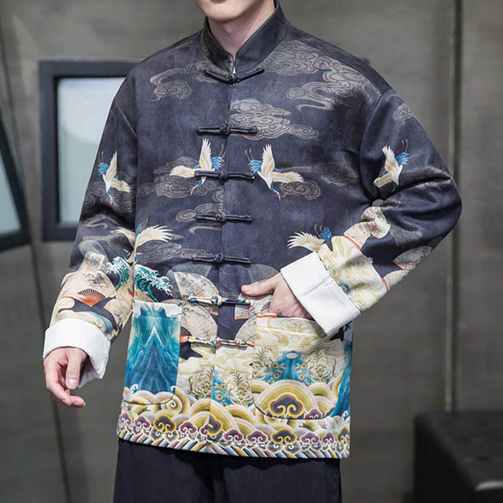 Buddha Stones, Frosch-Knopf, chinesischer Tang-Anzug, Kranich-Charakter, langes Hemd, Baumwolle, Wildleder, Herrenjacke, Kleidung - image 12