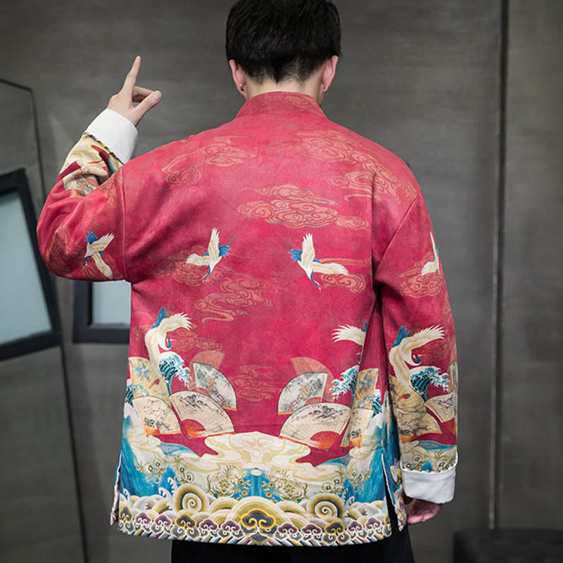 Buddha Stones, Frosch-Knopf, chinesischer Tang-Anzug, Kranich-Charakter, langes Hemd, Baumwolle, Wildleder, Herrenjacke, Kleidung - image 19