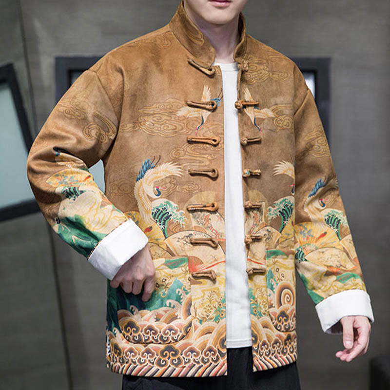 Buddha Stones, Frosch-Knopf, chinesischer Tang-Anzug, Kranich-Charakter, langes Hemd, Baumwolle, Wildleder, Herrenjacke, Kleidung - image 6