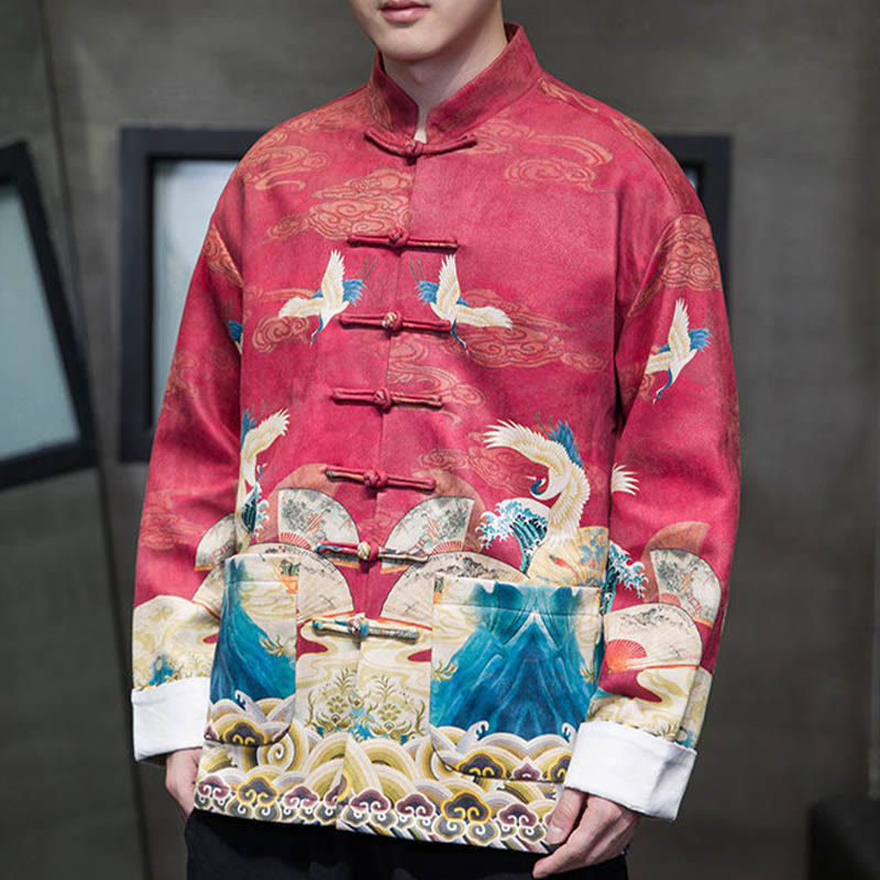 Buddha Stones, Frosch-Knopf, chinesischer Tang-Anzug, Kranich-Charakter, langes Hemd, Baumwolle, Wildleder, Herrenjacke, Kleidung - image 22