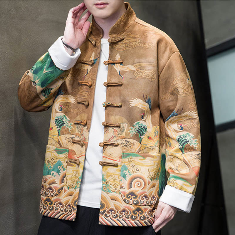 Buddha Stones, Frosch-Knopf, chinesischer Tang-Anzug, Kranich-Charakter, langes Hemd, Baumwolle, Wildleder, Herrenjacke, Kleidung - image 1