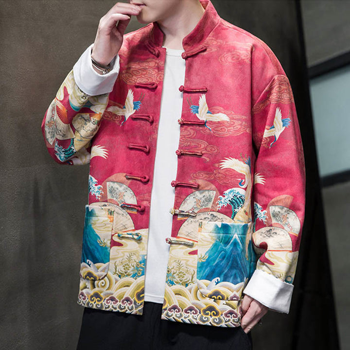 Buddha Stones, Frosch-Knopf, chinesischer Tang-Anzug, Kranich-Charakter, langes Hemd, Baumwolle, Wildleder, Herrenjacke, Kleidung - image 17