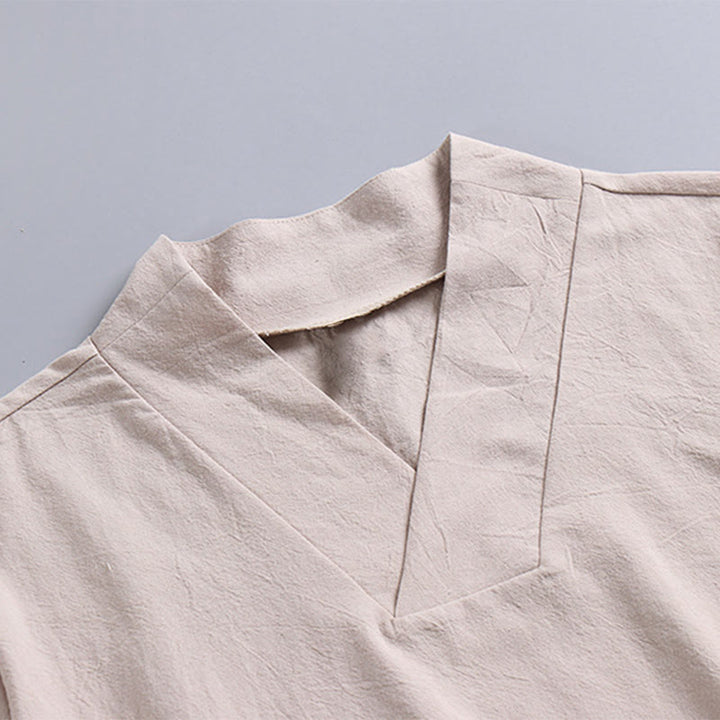 Buddha Stones Lockeres Herren-T-Shirt Einfarbiges Oberteil Kurzarm V-Kragen Atmungsaktives Leinenhemd - image 7