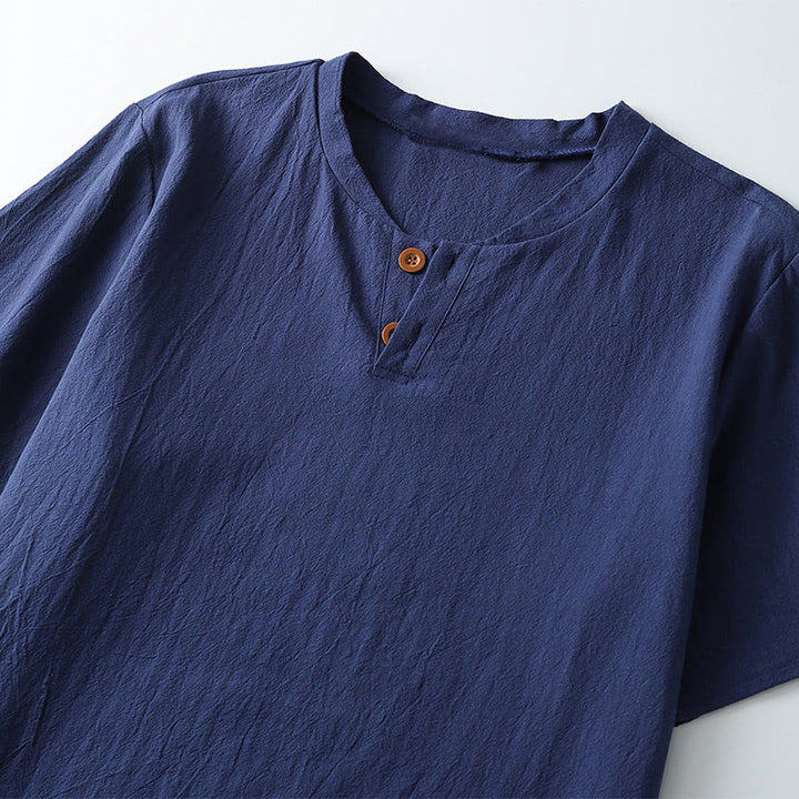 Buddha Stones Lockeres Herren-T-Shirt in Volltonfarbe, kurzärmliges Oberteil mit Knopfleiste, gekerbtem Halsausschnitt, weiches Baumwoll-Leinen-Hemd - image 4