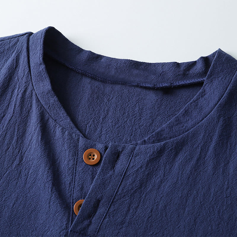 Buddha Stones Lockeres Herren-T-Shirt in Volltonfarbe, kurzärmliges Oberteil mit Knopfleiste, gekerbtem Halsausschnitt, weiches Baumwoll-Leinen-Hemd - image 5