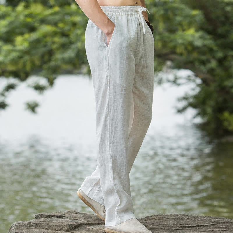 Buddha Stones - Einfarbige Herrenhose aus Baumwollleinen mit weitem Bein und Taschen - image 16