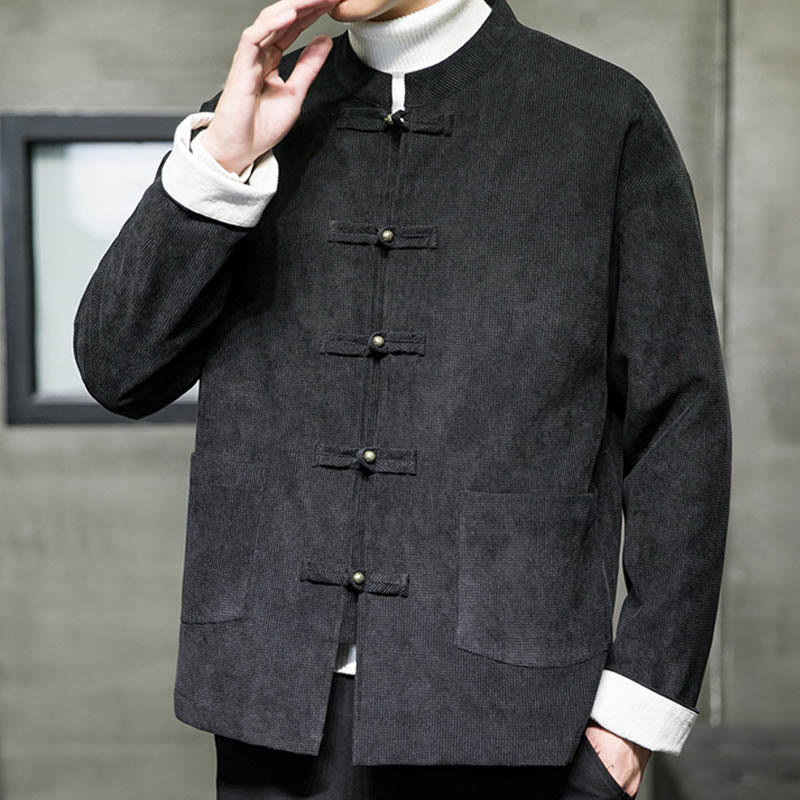 Buddha Stones Einfarbig Frosch-Knopf Baumwolle Herren Jacke Hemd Kleidung - image 3